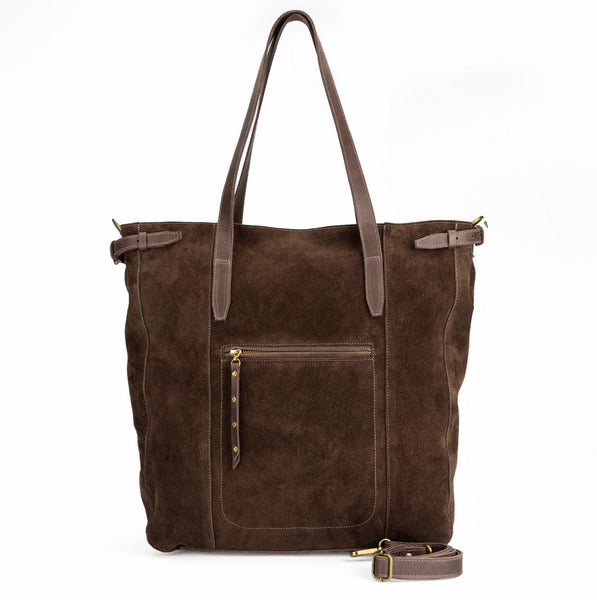 Maxi bolso de reno gamuza modelo DOMINGA color chocolate marca _BRAVA vista frontal, gran capacidad interior, se lleva al hombro o cruzado.