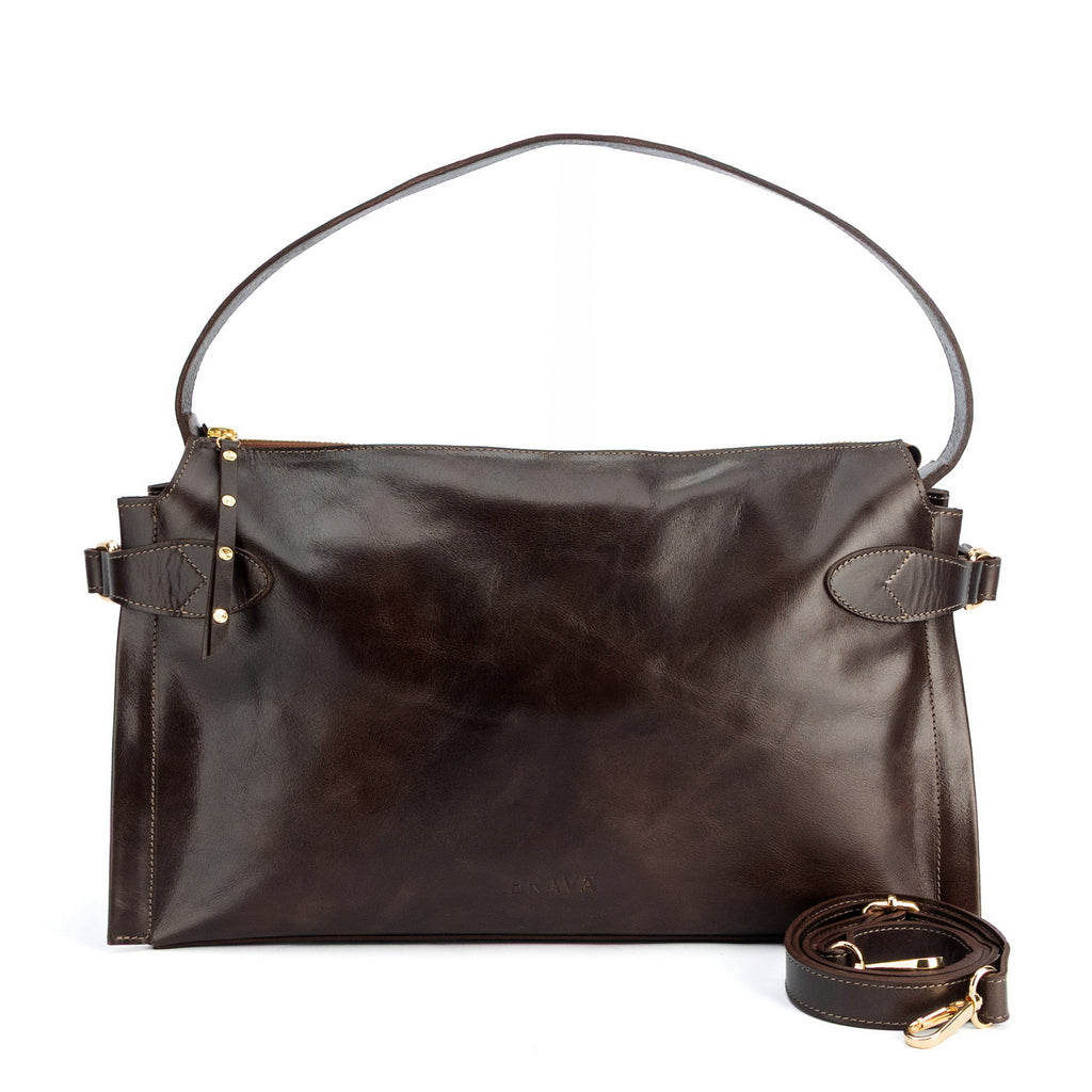 Cartera de cuero moro, línea estructurada con correa desmontable  cierre con cremallera y bolsillo interior, modelo Michelle marca _BRAVA, vista frontal.