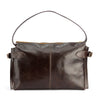 Cartera de cuero moro, línea estructurada con correa desmontable  cierre con cremallera y bolsillo interior, modelo Michelle marca _BRAVA, vista trasera.