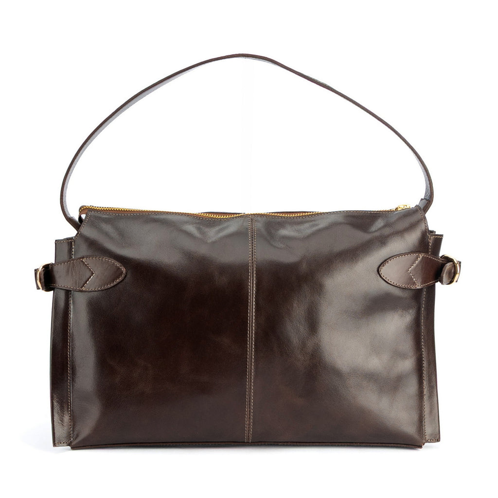 Cartera de cuero moro, línea estructurada con correa desmontable  cierre con cremallera y bolsillo interior, modelo Michelle marca _BRAVA, vista trasera.