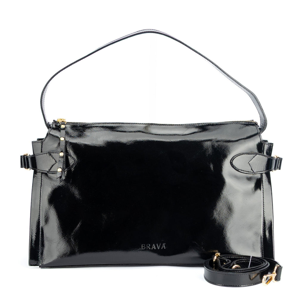Cartera de cuero riciatto negro, línea estructurada con correa desmontable  cierre con cremallera y bolsillo interior, modelo Michelle marca _BRAVA, vista frontal.