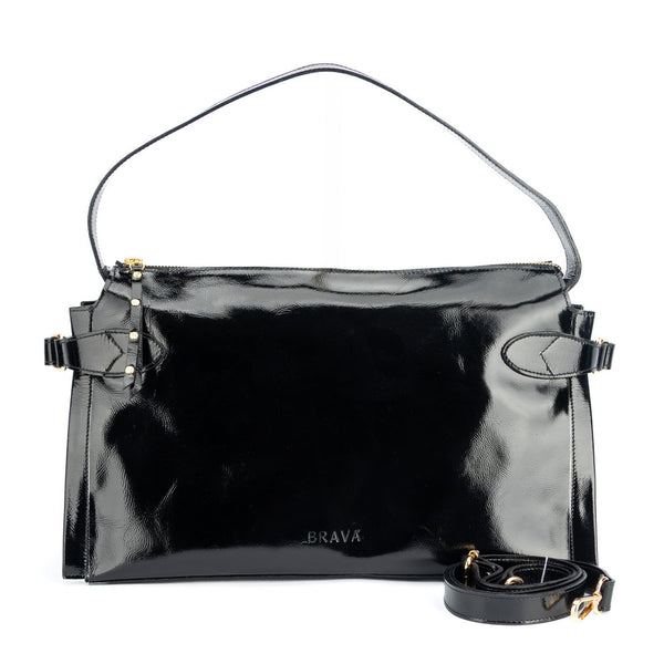 Cartera de cuero riciatto negro, línea estructurada con correa desmontable  cierre con cremallera y bolsillo interior, modelo Michelle marca _BRAVA, vista frontal.