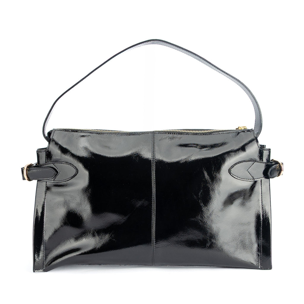 Cartera de cuero riciatto negro, línea estructurada con correa desmontable  cierre con cremallera y bolsillo interior, modelo Michelle marca _BRAVA, vista trasera