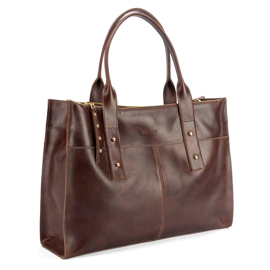 cartera de cuero ejecutiva ALFONSINA XL marca _BRAVA, color caoba, 3 compartimientos, vista diagonal