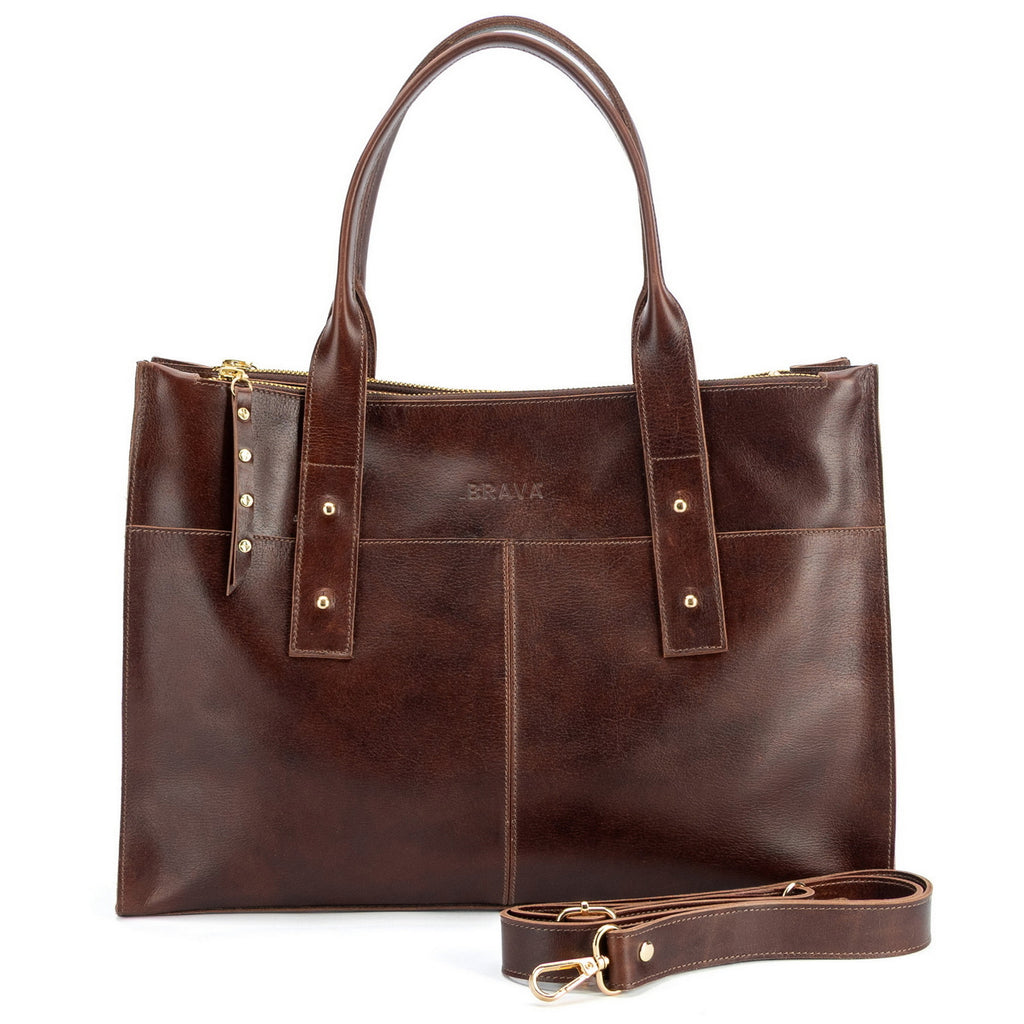 cartera de cuero ejecutiva ALFONSINA XL marca _BRAVA, color caoba, 3 compartimientos, vista frontal