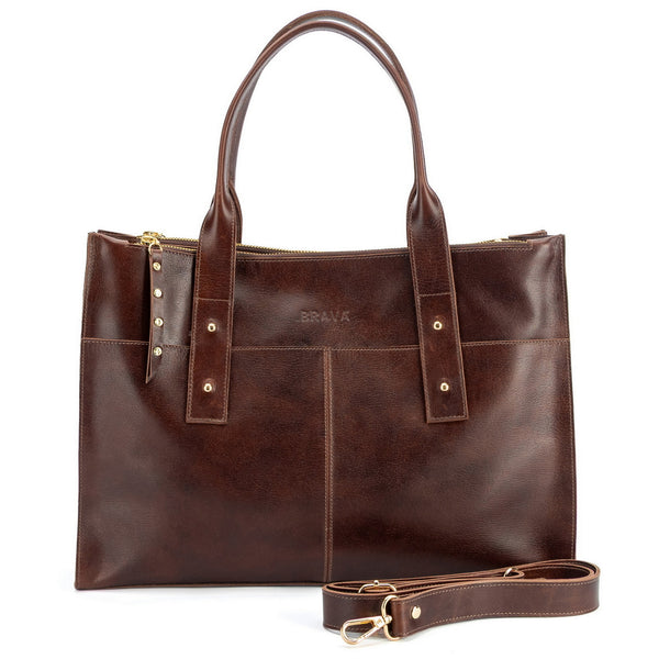cartera de cuero ejecutiva ALFONSINA XL marca _BRAVA, color caoba, 3 compartimientos, vista frontal