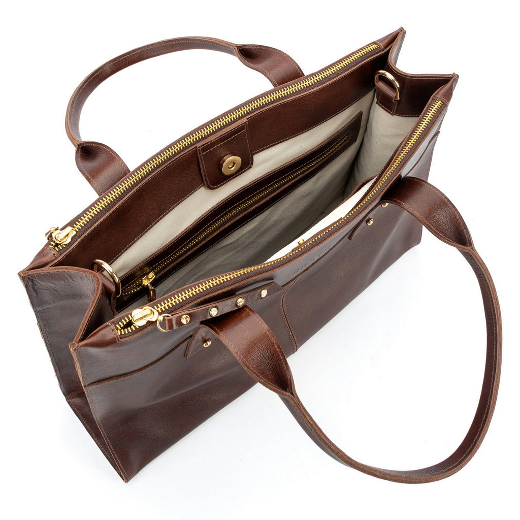 cartera de cuero ejecutiva ALFONSINA XL marca _BRAVA, color caoba, 3 compartimientos, vista interior