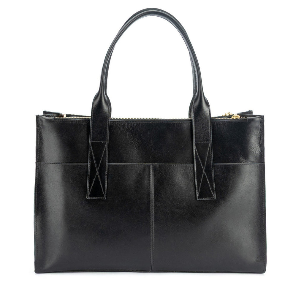cartera de cuero ejecutiva ALFONSINA XL marca _BRAVA, color negro, 3 compartimientos, vista trasera